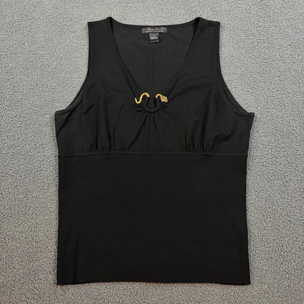C'est City Tank Top Womens L Black V-Neck Gold Snake Detail Ribbed Knit Shell
